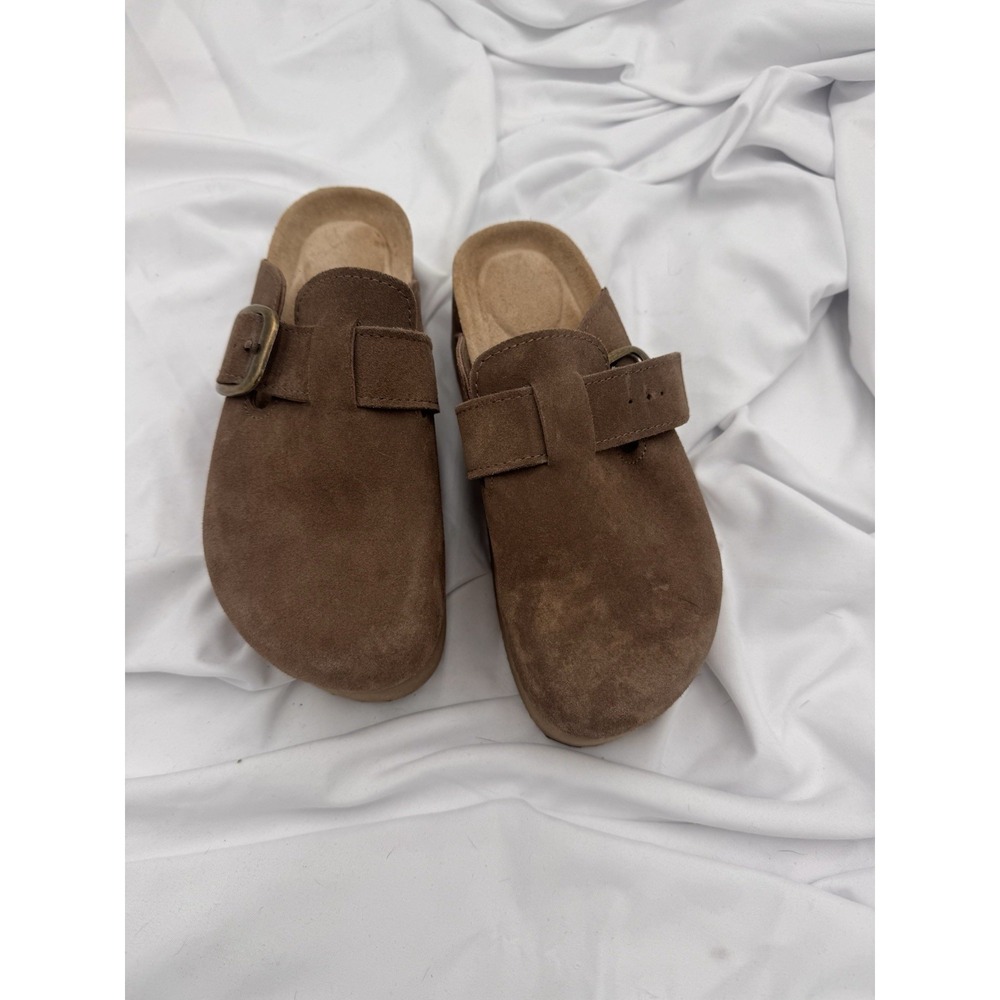 Cushionaire Women's Sz 6 M Beige Suede Leather Platform Clogs Mules minimalist